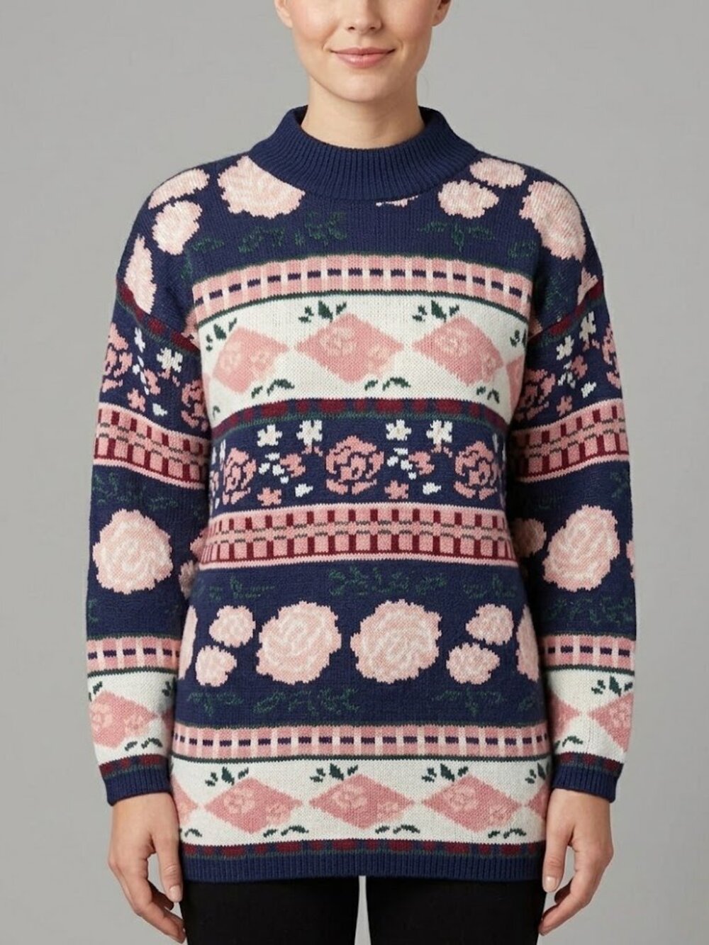 Vintage Mathias Floral Knit Sweater Medium Navy Blue Pink Rose USA Made